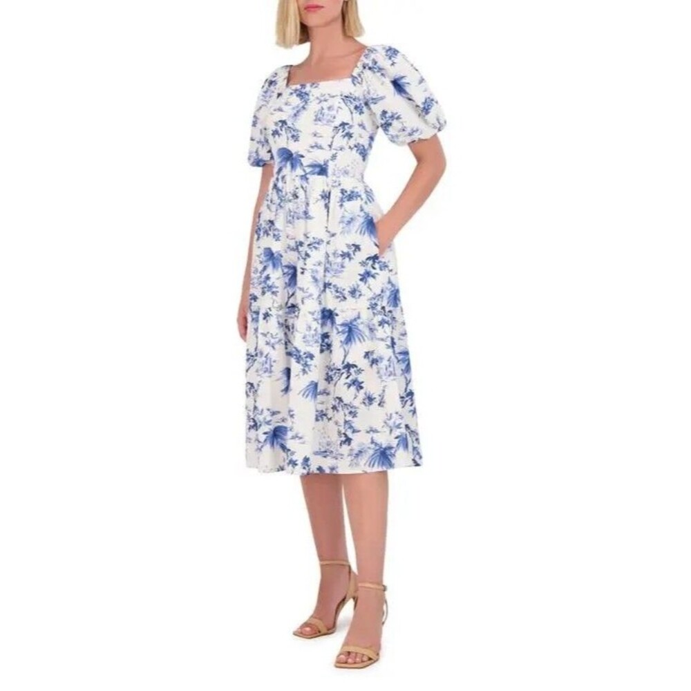 NWT Vince Camuto White/Blue Floral Puff-Sleeve Midi Dress Ruched Back 14